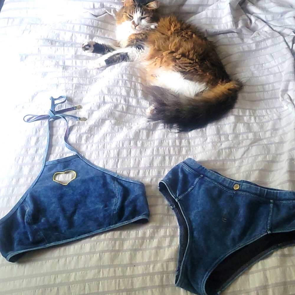 Lazy Oaf heart cutout denim swim set S